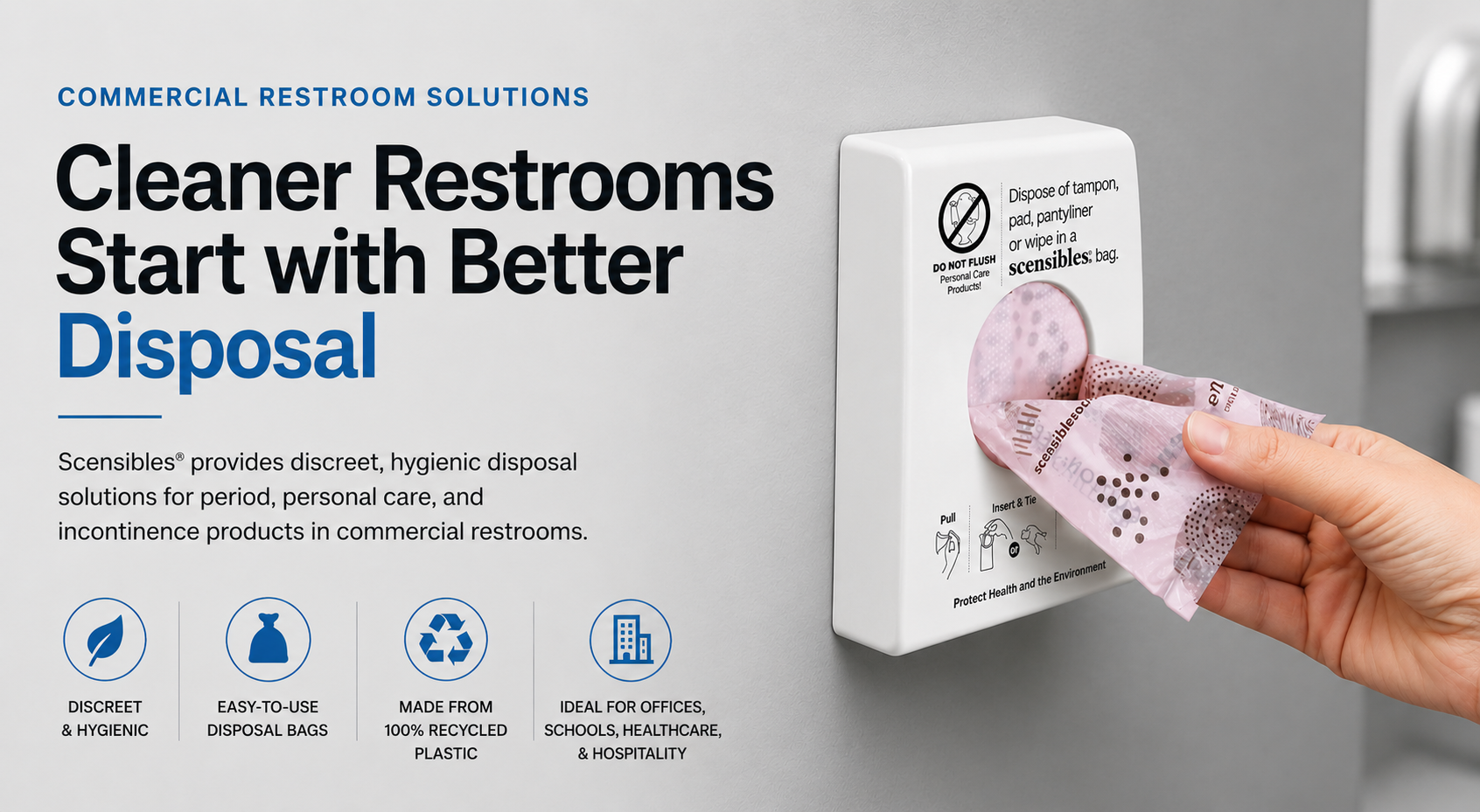 Hand using a Scensibles product to dispose of sanitary items in a commercial restroom setting.