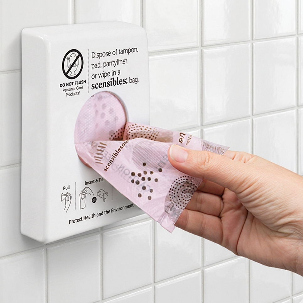 Hand using a scensibles product from a dispenser on a tiled wall